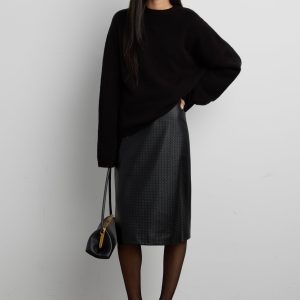 TEXTURED VEGAN LEATHER MIDI PENCIL SKIRT