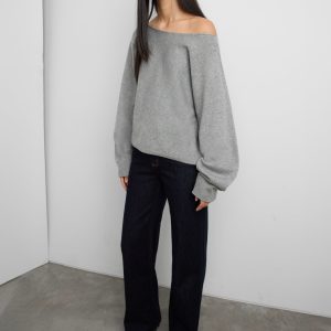WOOL-BLEND RIBBED WIDE NECKLINE SWEATER